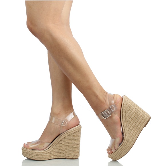 Shoes - Clear Open Toe Ankle Strap Espadrille Wedge